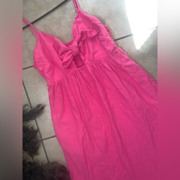 Tie-Front Midi pink & red linen Dress - Tabitha Brown boho spring bow maxi - Picture 6 of 9